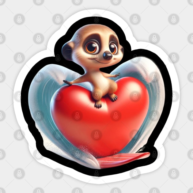 Heart Embrace Meerkat Surfer – Navigating the Sea of Love Tee Sticker by vk09design